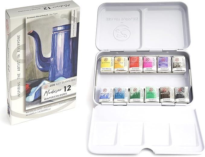 ZenART Professional Moderno Watercolor Paint - Non-Toxic 12 Half-Pan Set in Metal Tin Palette - Portable Travel Set for Adults - Vibrant Modern Water Color for Artists & Illustrators