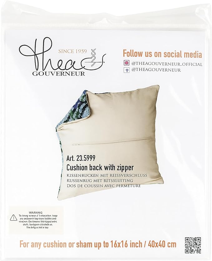 Thea Gouverneur Cushion Back Kit with Zipper - Beige - for Any 16x16 Inch (40x40cm) Cushion- Cross Stitch Creations - Embroidery - Embroidery Kit for Adults - 23.5999