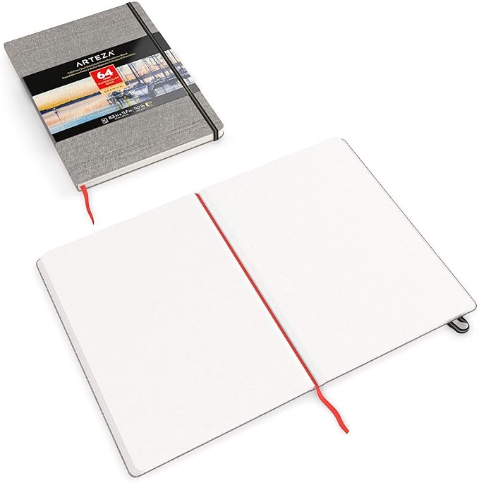 ARTEZA Watercolor Books, Pack of 2, 8.3 x 11.7 Inches, 64 Pages Each, 110 lb / 230 GSM, Cold Press, Dual-Sided, Acid-Free Linen-Bound Hardcover Books for Watercolor and Mixed Media