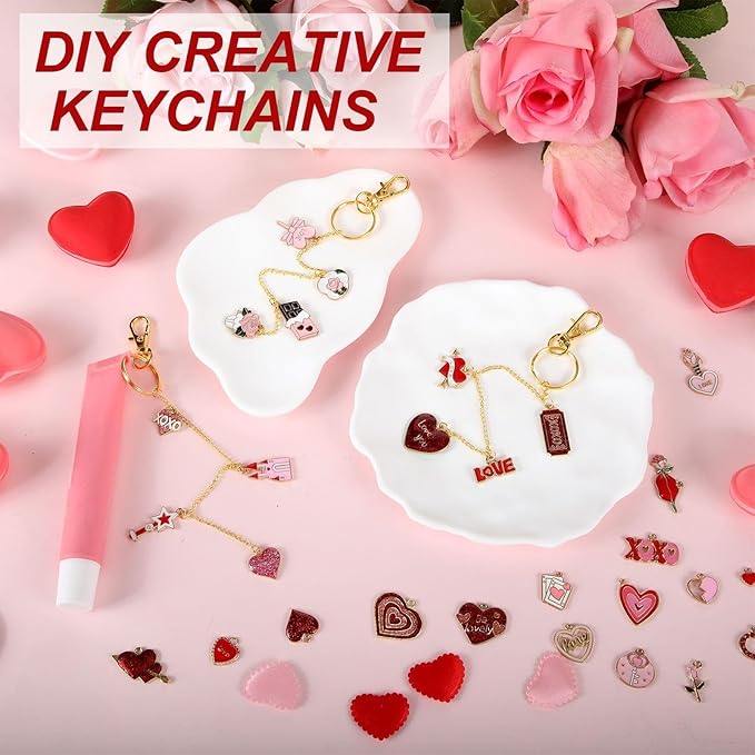 VioraWhite 213 Pcs Galentines Day Lip Gloss Keychain Making Kit Gift 100 Pink Enamel Charms 32.81 ft Gold Chains for Valentine's Day DIY Craft Jewelry Making Friends Women Adults