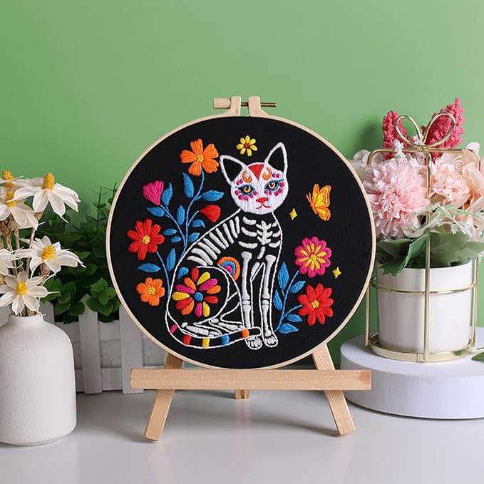 louise maelys 3 sets halloween embroidery kits for beginners,cross stitch kit for adults,diy starters needlepoint with skull flowers pattern,including instruction