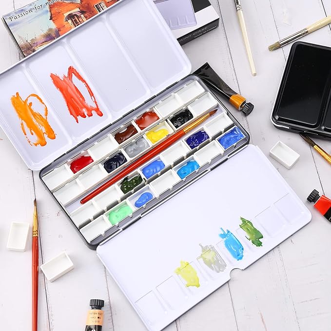 LOONENG Metal Watercolor Tin with Fold-Out Palette, Large Tray Palette with 28 Empty Full Pans for Plein Air, Acrylic and Oil Painting