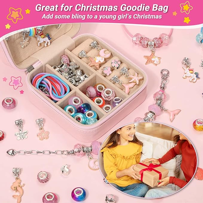 LifeisLuck Charm Bracelet Making Kit - 110 Pcs Beads Jewelry Making Kit, Unicorn & Mermaid Crafts Birthday Gifts with H Initial Personalized Bracelet Case