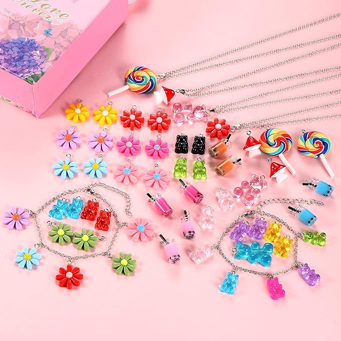 HSWE 263 PCS Charm Bracelet Making Kit,Colorful Gummy Candy Bear Milk Tea Lollipop Flower Pendant Charms Cute Funny Mushroom Earring Necklace DIY Jewelry Craft Making for Women
