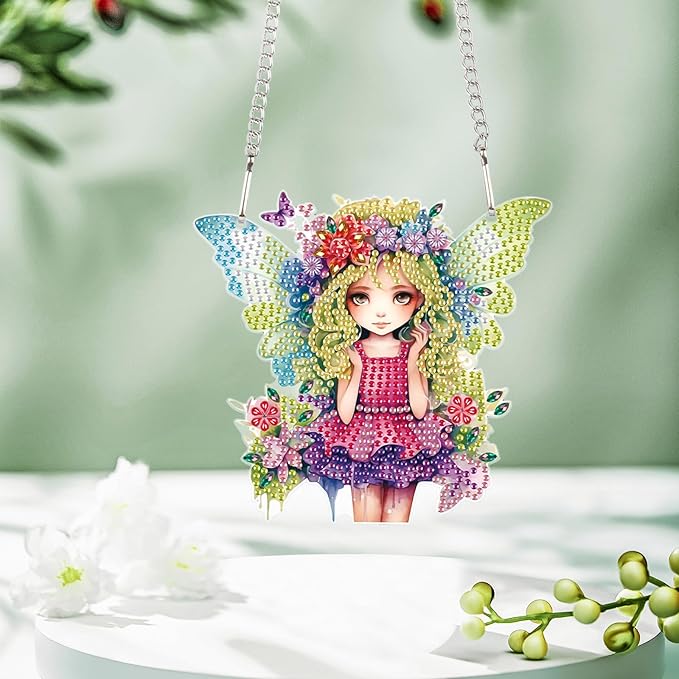 AiYuanzsh Butterfly Fairy Diamond Art Hanging Kit, DIY 5D Special Shaped Rhinestones Acrylic Pendant, Fantasy Diamond Painting Ornament for Wall, Door or Garden Decoration, Handmade Craft Gift