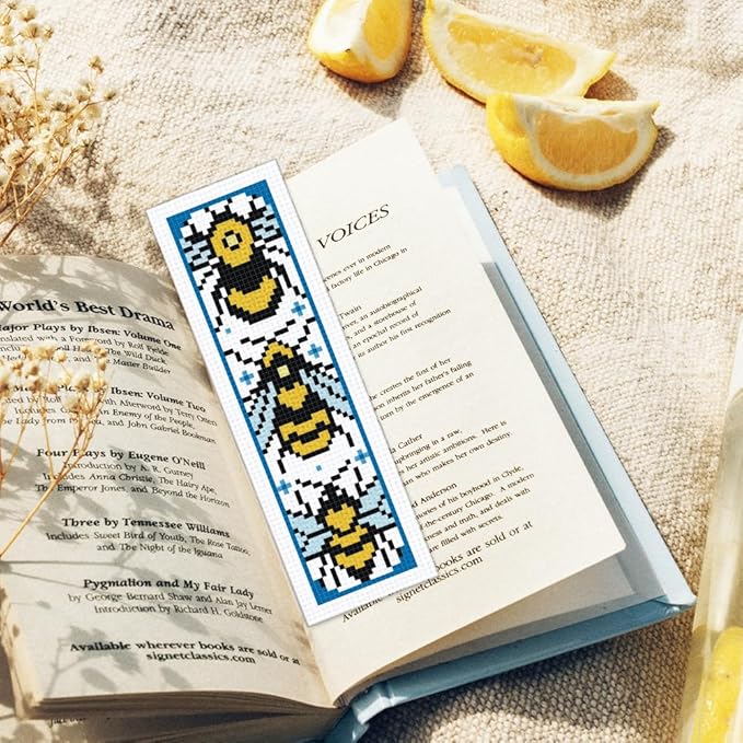ORIGACH 6 Set Bees Cross Stitch Bookmark Kit for Beginner with Backing Felt Floss Instructions DIY Stamped Embroidery Bookmark Kit for Adults, Book Lovers