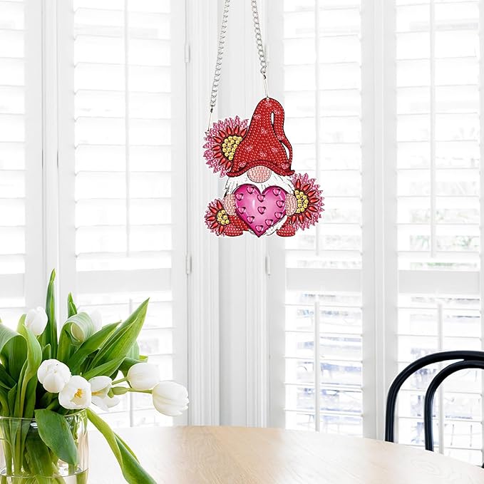 AiYuanzsh Love Gnome Diamond Painting Hanging Ornament, DIY 5D Diamond Art Pendant with Heart and Flowers, Special-Shaped Diamond Kit for Valentine's Day or Romantic Home Decoration