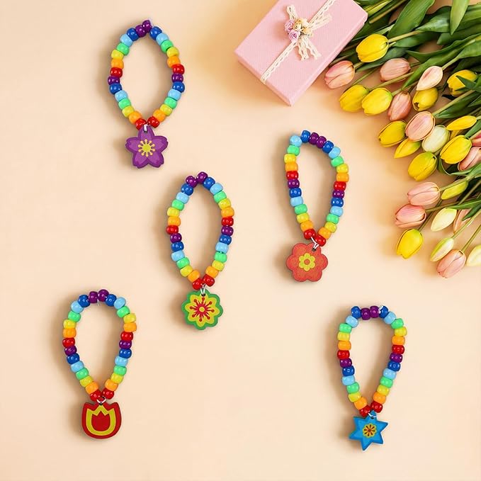 Tondiamo 24 Sets Spring Crafts Spring Beads for Bracelets DIY Colorful Flower Bracelet Making Kit for Jewelry Making Supplies DIY Activities Party Favor Gifts