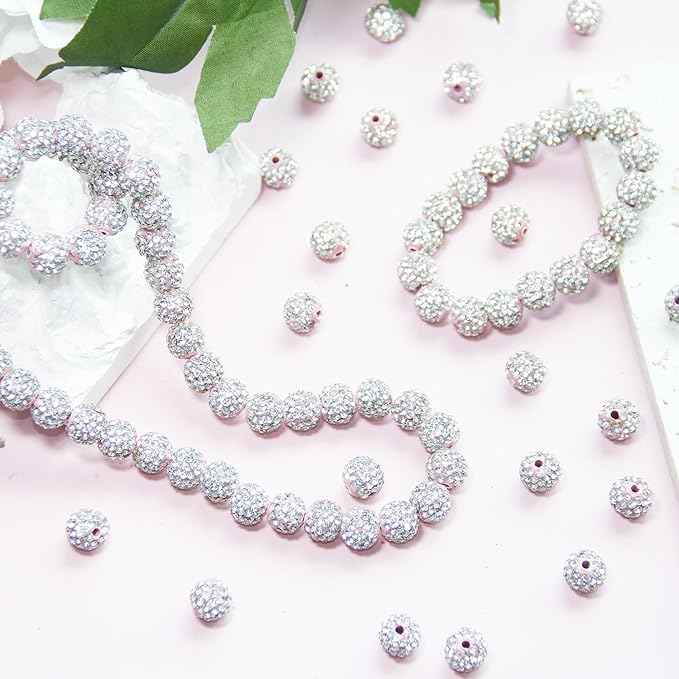 150 Pcs 10mm Rhinestone Beads for Jewelry Making, Light Pink Shiny Round Shamballa Disco Baseball Necklace Beads Sparkle Crystal Clay Pave Rhinestones Bead for DIY Bracelet Earring Making Supplies
