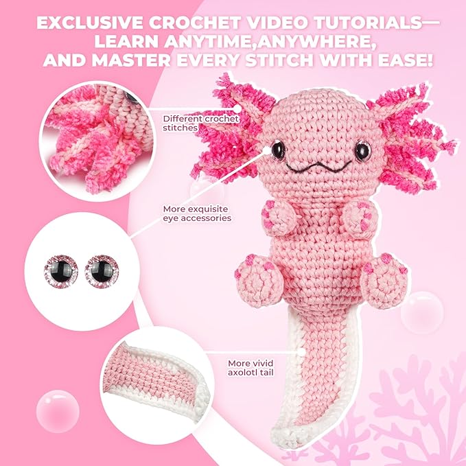 MOREJMTT Crochet Kit for Beginners, Learn to Crochet, Include Easy Knitting Soft Yarn, Step-by-Step Video Tutorial, Hook, Holiday Birthday Gift for Adults (Happy Axolotl)