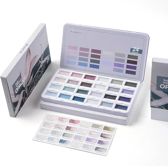 Fuumuui Watercolor Paint Set- 24-Color Opaque Semi-Moist Watercolor Paint, Gray Painting Sets Professional Art Supplies for Artists Adult Beginner Painters Amateur Hobbyists Painting