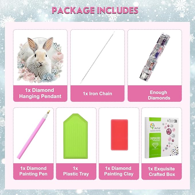 NEWENMO Hanging Diamond Art Kit for Adult, Cute Rabbit, 5D Special Shaped Rhinestone Diamond Painting Ornament, Bunny Easter, DIY Acrylic Diamond Art Painting Window Pendants Home Garden Wall Decor