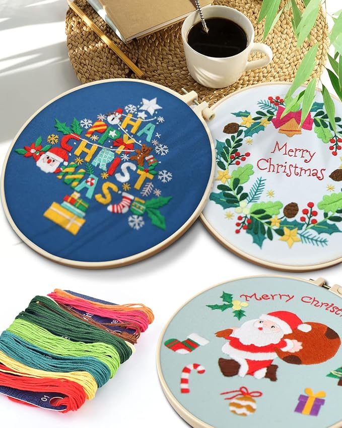TINDTOP Christmas Embroidery Kit for Adult, 3 Sets Embroidery Stitch Practice kit Include Embroidery Cloth Hoops Threads for Craft Lover Hand Stitch