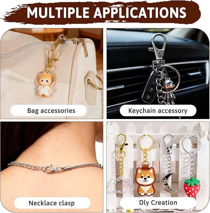 KIAFUM 1000-Piece Keychain Making Kit - Gold and Silver Lobster Claw Clasps, Key Rings, Jump Rings, Charms & Chains for DIY Craft Supplies, Jewelry Making, Bag Charms, and Lip Gloss Lanyards