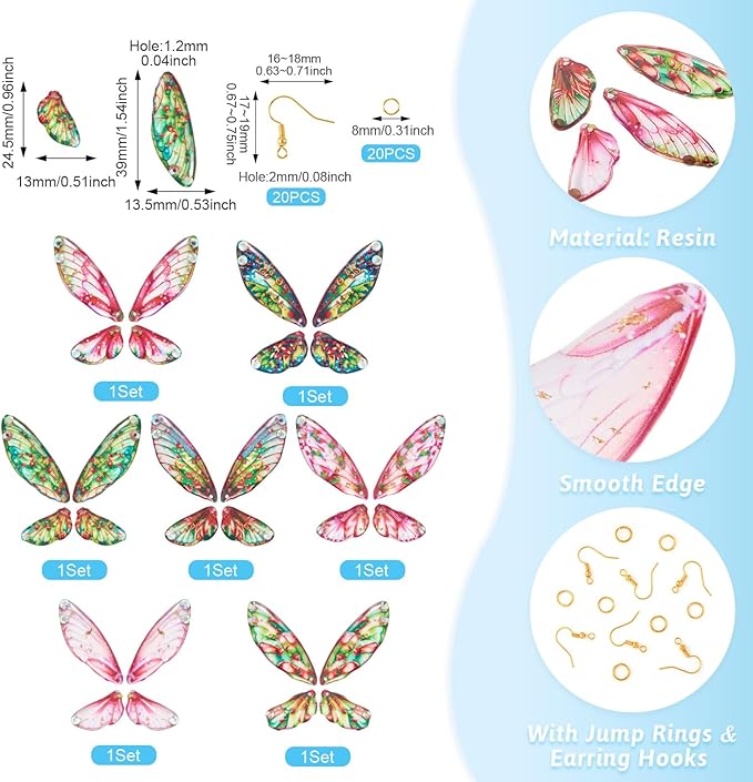 FASHEWELRY 28Pcs Resin Butterfly Wing Earring Charms Hot Pink Flower Print Insect Wing Pendants Feather Charms with Jump Rings Earrings Hooks for DIY Earring Jewelry Making