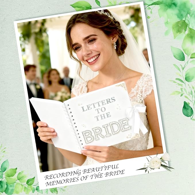 HOETEK 8 x 8 Inch Letters to The Bride Scrapbook, Wedding Memory Book, Bridal DIY Blank Paper Scrapbook, Photo Album Guest Book Sign with Pearl&Flower Stickers, Metallic Letters, Gems Bows