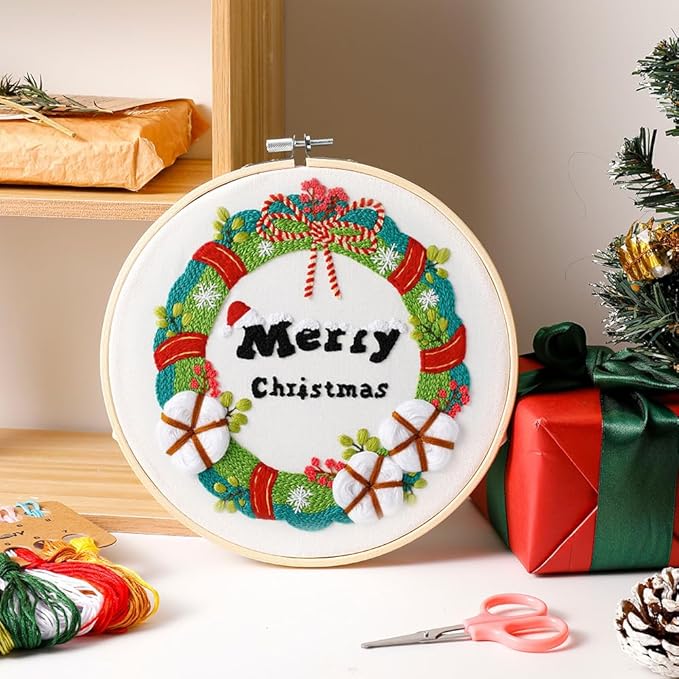 christmas embroidery kits: 1 pack cross stitch kit for beginners adults, diy ornaments craft kit with all tools & instructions, stamped hand embroidery starter kit for holiday crafts & xmas home decor