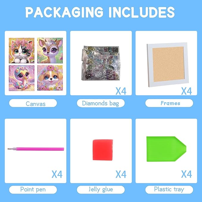 cdjlddww 4 Packs Cartoon Diamond Art Kits for Kid,5D Cute Animals Diamond Arts Mosaic Kits for Kid Beginner,DIY Full Round Drill Gem Art for Home Wall Decor Kids Present 6X6 inch(Without Frame)