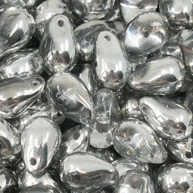 Czech 50-Piece Glass Beads, 6x9mm, Teardrop Crystal Silver Labrador Half Coated
