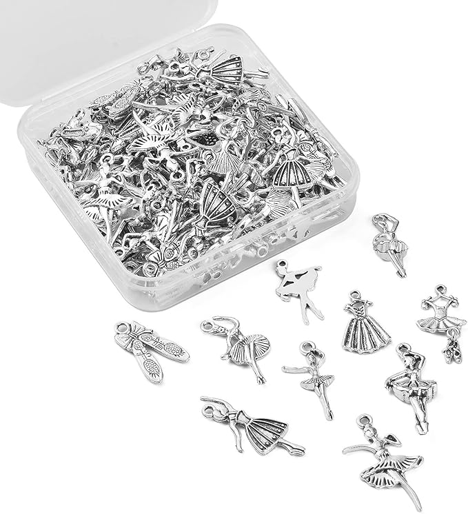 DanLingJewelry 100Pcs 10 Styles Antique Silver Ballet Dancer Charms Ballet Dance Charms for Jewelry Making Crafting