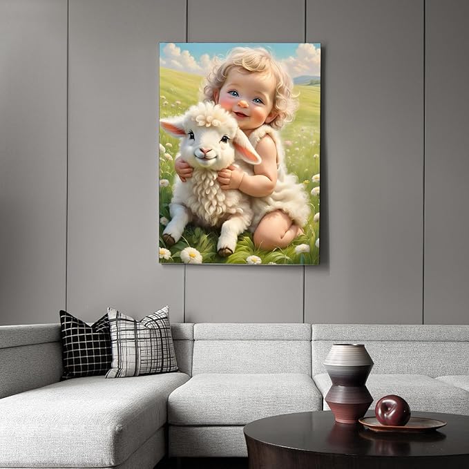 Fountor Sheep Diamond Art Kits for Adults, Cute Girl Diamond Painting Kits for Adults Beginners, DIY 5D Animal Diamond Painting with Round Gem Art Kits for Gift Home Wall Decor 12x16 Inch