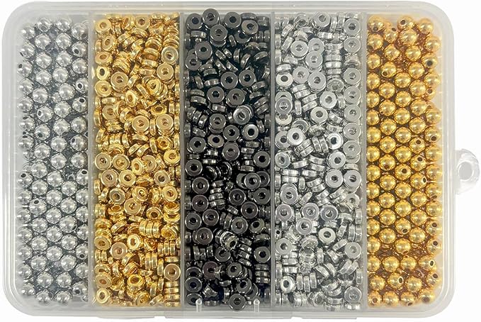 6mm Flat Round Spacer Beads, 1480pcs (280Round) - Gold, Silver, Black - Copper Coated Plastic - DIY Jewelry Making Kit