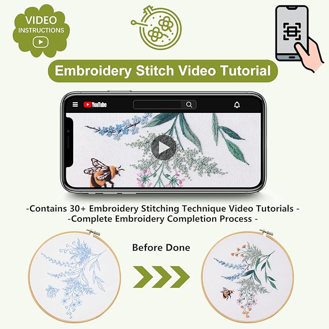 Santune 4 Pack Embroidery Kit for Beginners,Needlepoint Cross Stitch Kits for Adults,Needle Point Sets with Bee Flower Pattern Stitch Video Tutorial