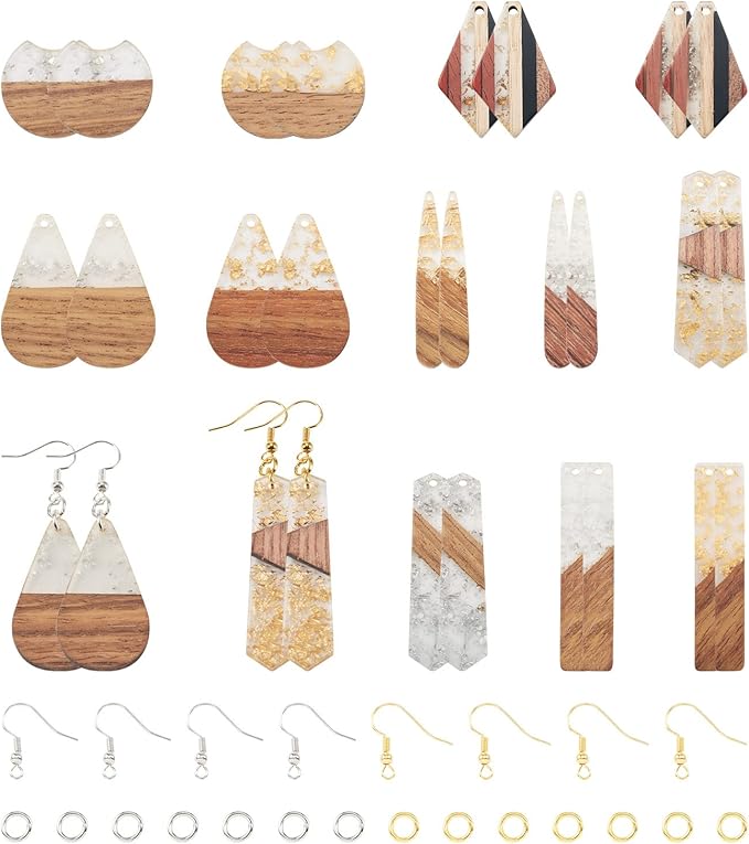 Beadthoven 88pcs Glittery Resin Wood Pendants Earrings Making Kit Gold Foil Wooden Earring Blanks Teardrop Rectangle Geometry Wood Earring Charms for Jewelry Making with Earring Hooks Jump Rings