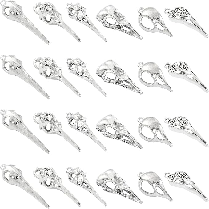 DanLingJewelry 30Pcs 6 Styles Antique Silver Raven Skull Bird Head Skeleton Charms for Halloween Jewelry Making Crafting