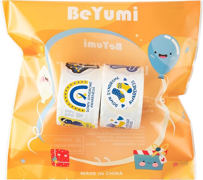 beyumi down syndrome awareness sticker - 1000pcs down syndrome awareness stickers in 2 rolls waterproof vinyl blue yellow ribbon decals school event campaign laptop bottle luggage decor for kids teens