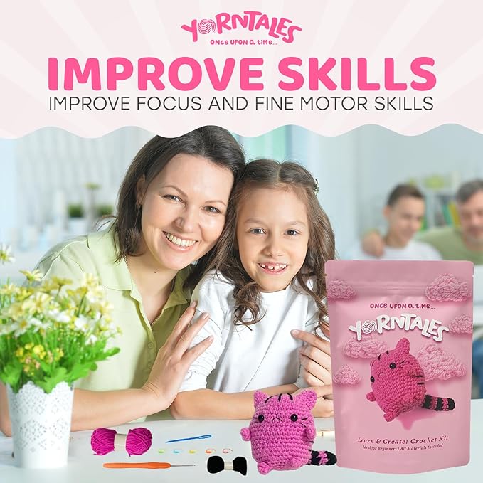 YarnTales DIY Pink Kitten Crochet Kit - Beginner Craft Kit with All Included Supplies & Video Tutorials - Great Valentine’s Day Gift for Teens & Adults