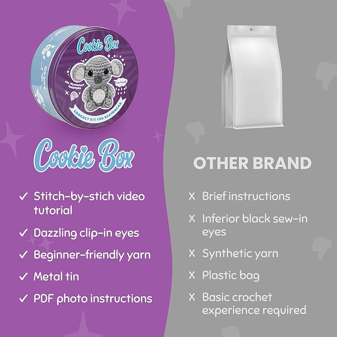 Cookie Box Original Crochet Kit for Beginners β Gift Set to Make Koala Coal Amigurumi Plushie β Easy DIY Crochet & Knitting Starter Kit with Video and PDF Tutorials