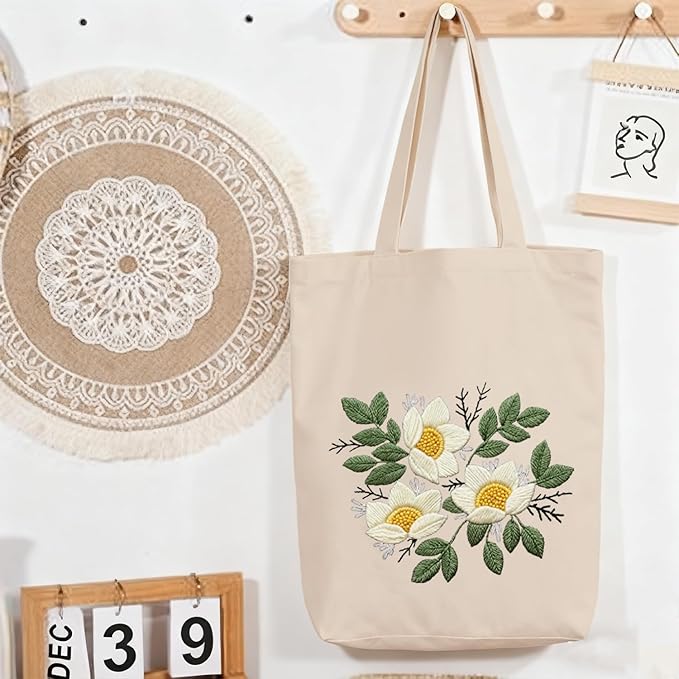 CREAWONDER Canvas Tote Bag Embroidery Kit with Pattern for Beginners, Arts and DIY Embroidery Crafts Kits for Adults, Include Instructions, Embroidery Hoops, Color Threads and Tool