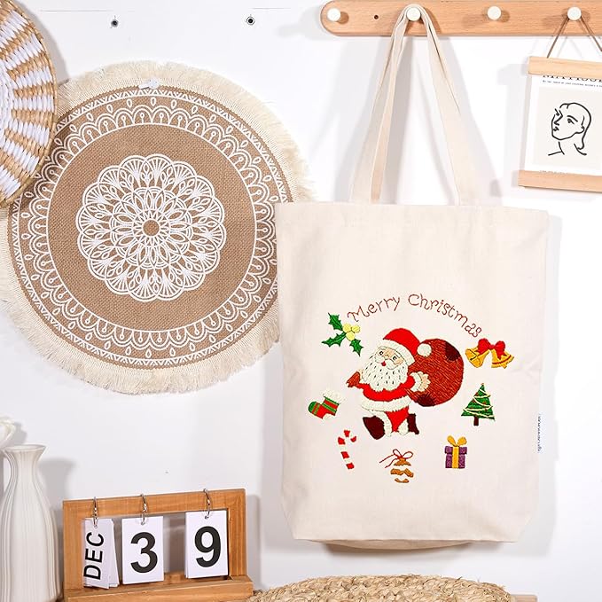 CREAWONDER Canvas Tote Bag Embroidery Kit with Pattern for Beginners, Arts and DIY Embroidery Crafts Kits for Adults, Include Instructions, Thimble, Embroidery Hoops, Color Threads and Tool
