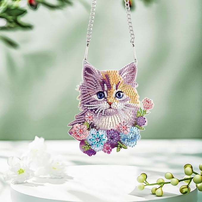 Cat Diamond Painting Hanging Kit, DIY Crystal Acrylic Sun Catcher Diamond Art for Adults, 5D Special Shaped Rhinestone Pendant Ornament for Window Wall Decoration, Handmade Gift for Cat Lovers