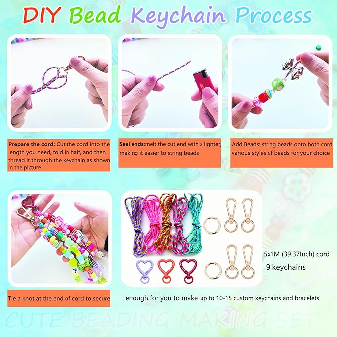 BOAJUNWU 452PCS Beaded Keychain Making Kit for Women,Bead Jewelry Making Kit Bag Charms DIY Key Chain Beads Supplies Crafts Valentine Day Gift