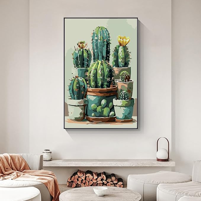 Yezavesu Framed Paint by Numbers Kit for Adults Beginner & Kids Ages 8-12, Cactus Paint by Numbers with Frame, DIY Number Painting for Adults Plant for Home Wall Decor Gift 8X 12 inch