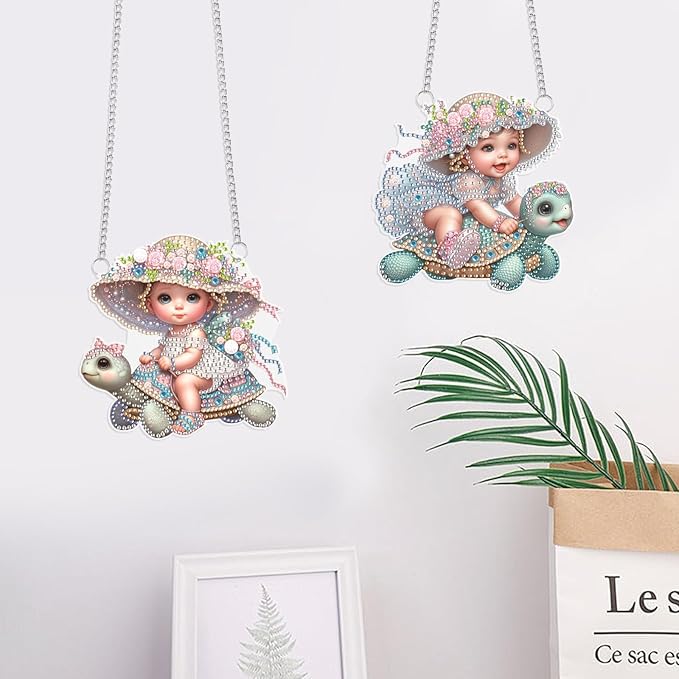 2 Pack Turtle Diamond Painting Hanging Decorations – 5D DIY Cute Animal Wall Ornaments, Sea Turtle Riders Design, 15x14.7 cm Each, Special Shaped Diamond Art Kit for Ocean-Themed Home Decor & Gift