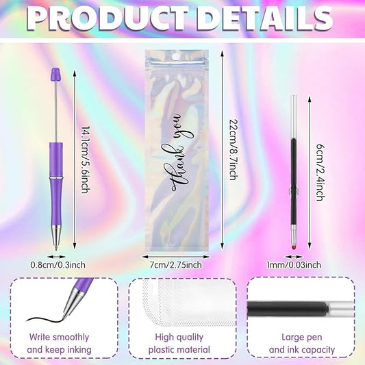 Jetec 150 Pcs DIY Beadable Pens Kit 50 Plastic Shaft Black Ink Beaded Pens with 50 Refills 50 Bags for Making Gift Office Supplies (Vivid Colors, Stylish Style)