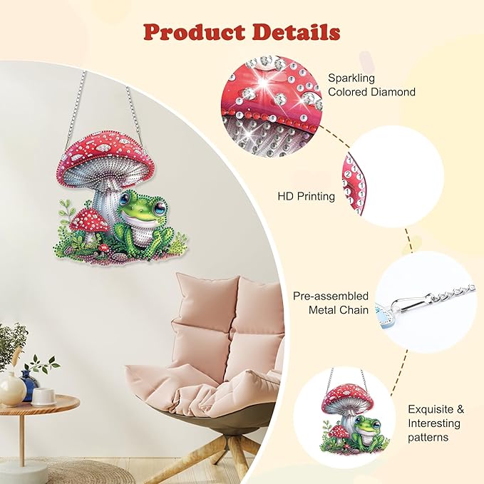 HEIBAGO Frog Diamond Art Hanging Kits for Adults, Mushroom Diamond Art Suncatchers, 5D Special Shape Diamond Painting Pendant,DIY Window Ornament Gifts for Home Garden Door Wall Decor 8.3 x 8.3In