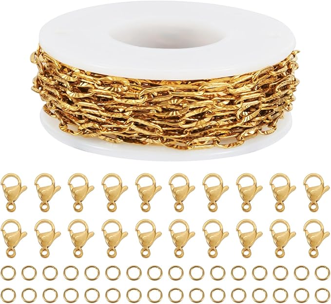 Sparkeads 5M Real 18K Gold Plated Golden Chain For Jewelry Making,Stainless Steel Chain,Golden Link Necklaces For Women,Paperclip Cable Chain for Bracelet DIY Earring Jewelry Making Kits,7.8x3.5x0.7mm