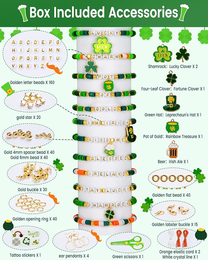 Goldwise Green Beads, St. Patrick’s Day Bracelet Making Kit, Green, White & Orange Beads with Shamrock & Symbolic Charms for Bracelets, Necklaces & Personalized Accessories