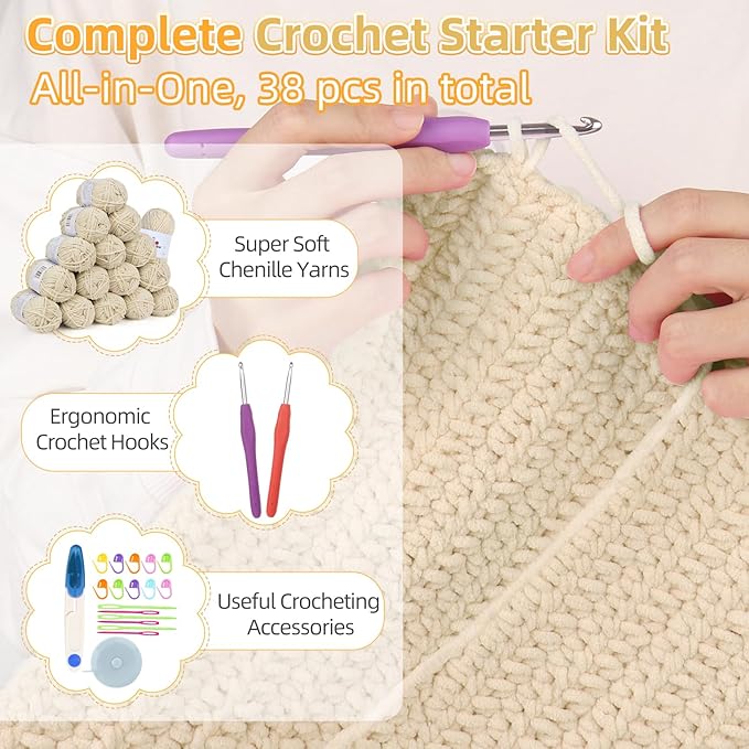 Aeelike Blanket Crochet Kit for Beginners, Easy Crochet Blanket Kit with Soft Chenille Yarns Detailed Instruction Crocheting Accessories Complete Beginners Crocheting Kits, Khaki