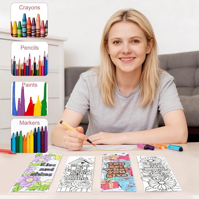 60 PCS Inspirational Quotes Coloring Bookmarks, DIY Coloring Book Markers Motivational Reading Page Holder for Students, Color Your Own Bookmark for Class Gifts, Kids, Adults, Teachers, Book Lovers