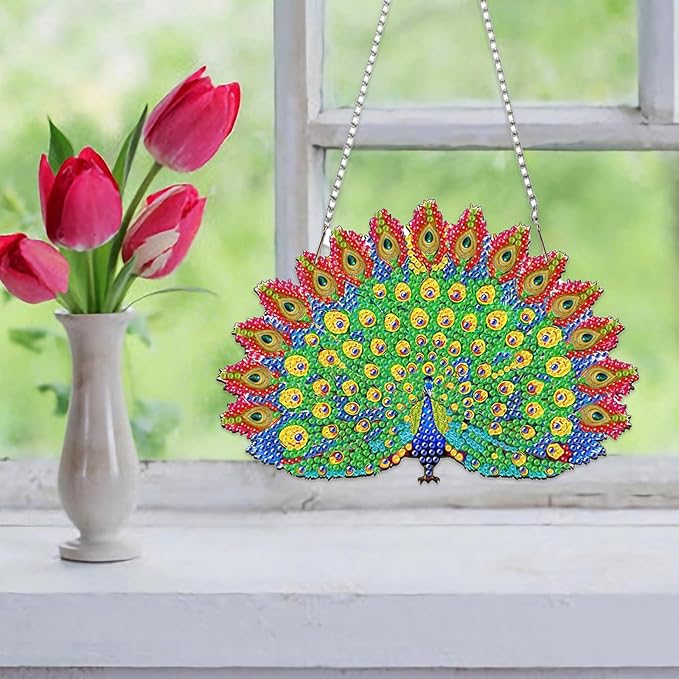 Auremi Peacock Diamond Art Hanging Kit for Adult, Special Shaped Rhinestone, DIY Acrylic 5D Animal Diamond Painting Window Pendants Signs, Home Garden Wall Hanging Ornament