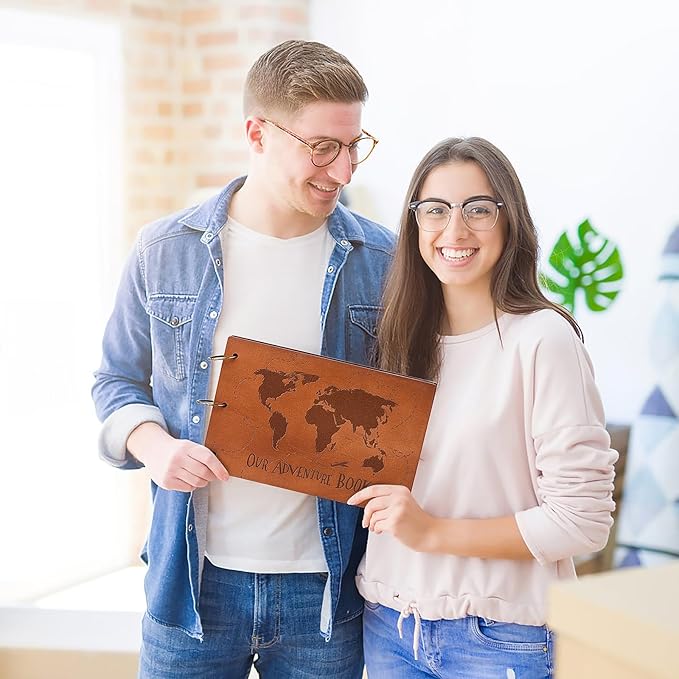 Our Adventure Book 3D Wooden Cover Scrapbook - 11.92 x 7.62" Timeless Memory Journal for Unforgettable Adventures & Precious Moments - Ideal for Anniversaries, Travel & Couple Gifts (3D Map Style)