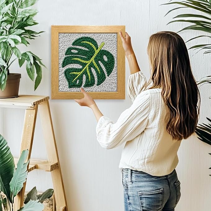 INFUNLY Green Leaf Punch Needle Kits for Beginners Monstera Delicious DIY Punch Needle Embroidery Kit with Instruction Plant Leaf Stamped Handcraft Rug Yarn Hooking Kit for Craft Lovers Home Decor