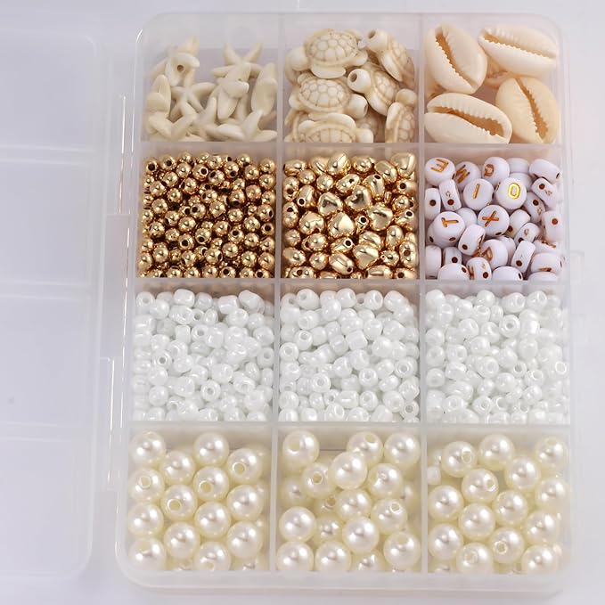 Assorted Beads for Jewelry Making DIY Crafts Bracelet Making Kit with Natural Shells, White Color Turquoise Turtles Starfish Beads for Summer Beach Bracelet Necklace for Women(1000pcs 8 Styles)