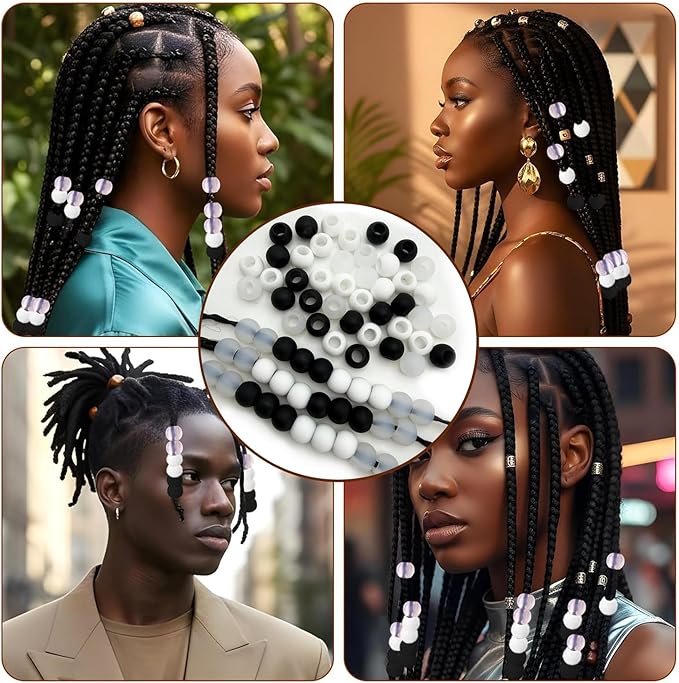 120Pcs 14mm Large Silicone Beads for Hair Braids, Soft Jellyish Hair Beads with 7mm Hole + 50 Rubber Bands and 1 Beader for Braiding, DIY Bracelets Necklaces Crafts(Black)