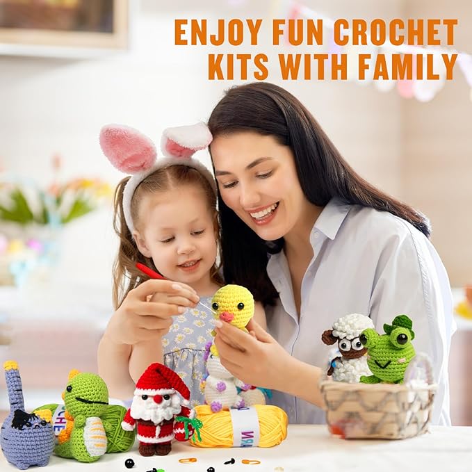 yokiss 8pcs beginner crochet starter kit, creative christmas gifts & birthday gifts for adults & kids, popular diy patterns, 40% extra yarn crochet animals kits with step-by-step video tutorials